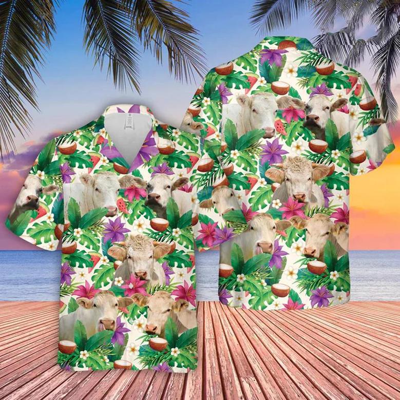 Charolais Summer Floral , Farm Lover Hawaii Shirt, Hawaiian Casual Button Down Shirt Unisex Hawaiian Shirt Aloha Shirt