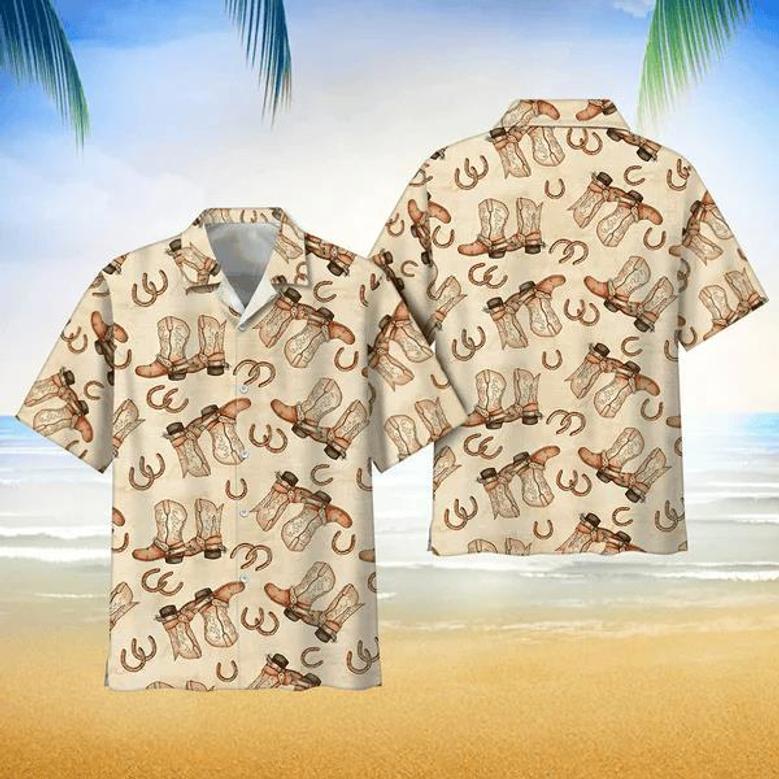 Cowboy Boots And Horseshoes Vintage Background Hawaii Shirt Button Down Short Sleeves Unisex Hawaiian Shirt Aloha Shirt