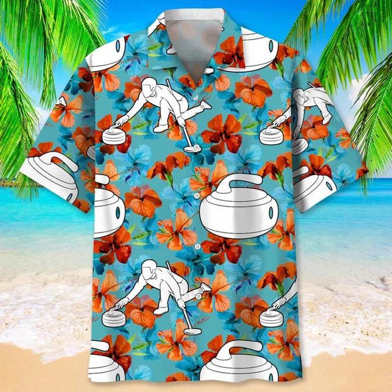 Curling Usa Blue Tropical , For Men, Summer Gift Unisex Hawaiian Shirt Aloha Shirt