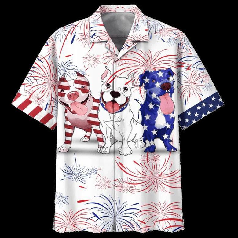 Cute Pitbull Pattern Red And Blue Firework Hawaiian Shirt Summer Gifts