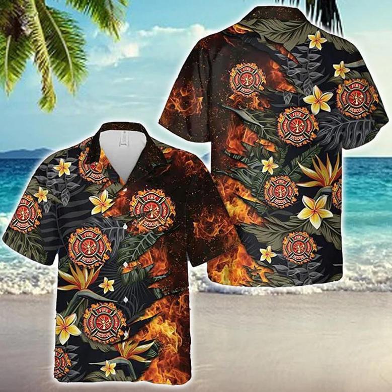 Firefighter Fire Floral Tropical Hawaiian Shirt, Gift For Firefighter Summer Gifts