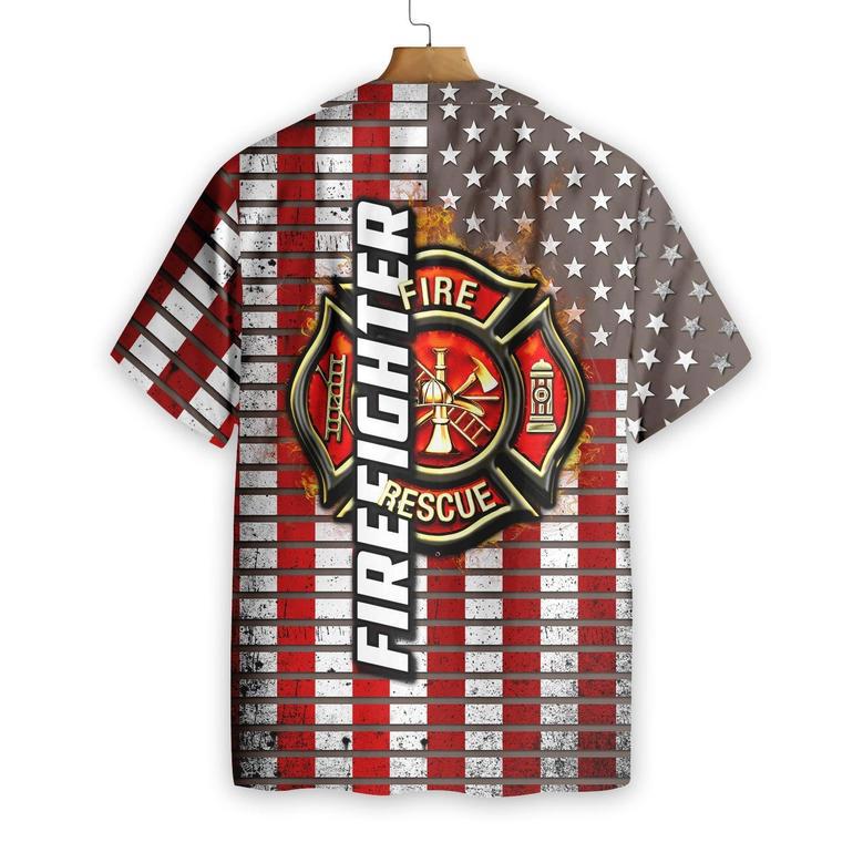 Firefighter Logo And Red American Flag Firefighter Hawaiian Shirt, Horizontal Stripe Firefighter Shirt For Men Summer Gifts