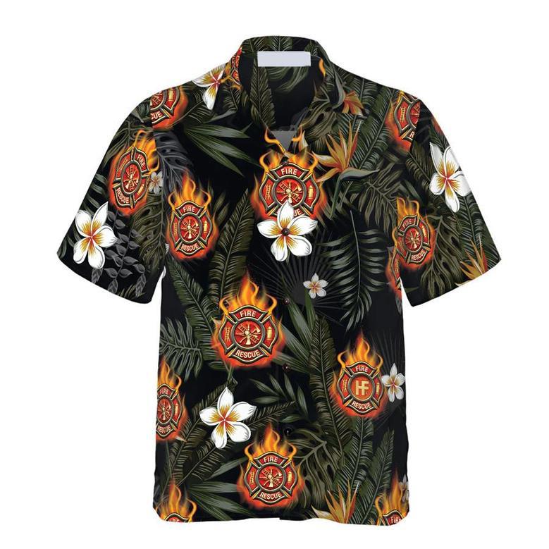 Firefighter Logo On Flame And Black Tropical Seamless Firefighter Hawaiian Shirt, Floral Firefighter Shirt For Men Summer Gifts