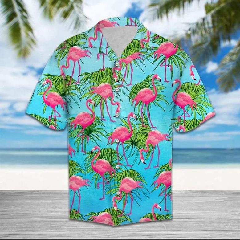 Flamingo Tropical Palm Leaves Summer Vacation Themed Hawaiian Shirt Summer Gifts