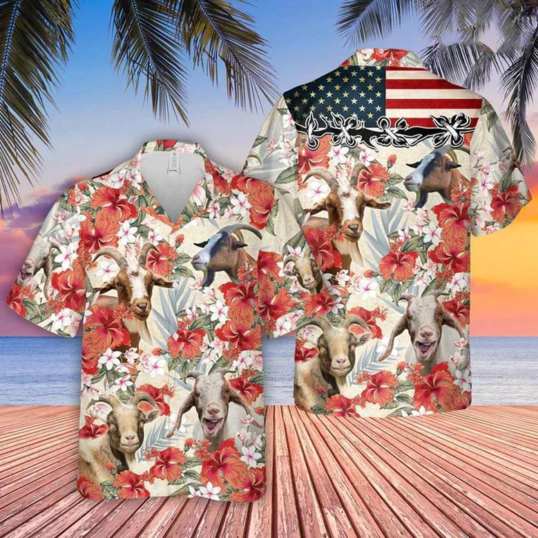 Goat Hibicus Floral Us Flag , Summer Aloha Shirt Men And Women Unisex Hawaiian Shirt Aloha Shirt