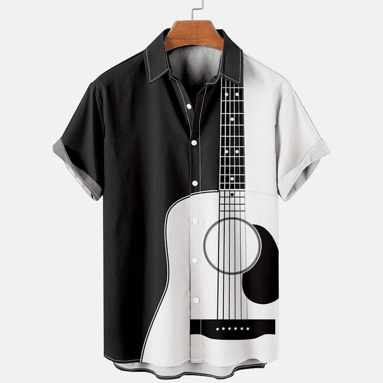 Guitar Hawaiian Shirt, Mens Music Festival Print Round Hem Loose Short Sleeve Hawaiian Shirts Summer Gifts