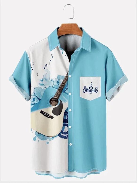 Guitar Hawaiian Shirt, Mens Music Festival Print Round Hem Loose Short Sleeve Hawaiian Shirts Summer Gifts