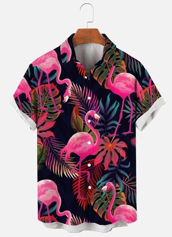 Hawaiian Flamingos Casual Loose Men's Plus Size Short-Sleeved Shirt Unisex Hawaiian Shirt Aloha Shirt