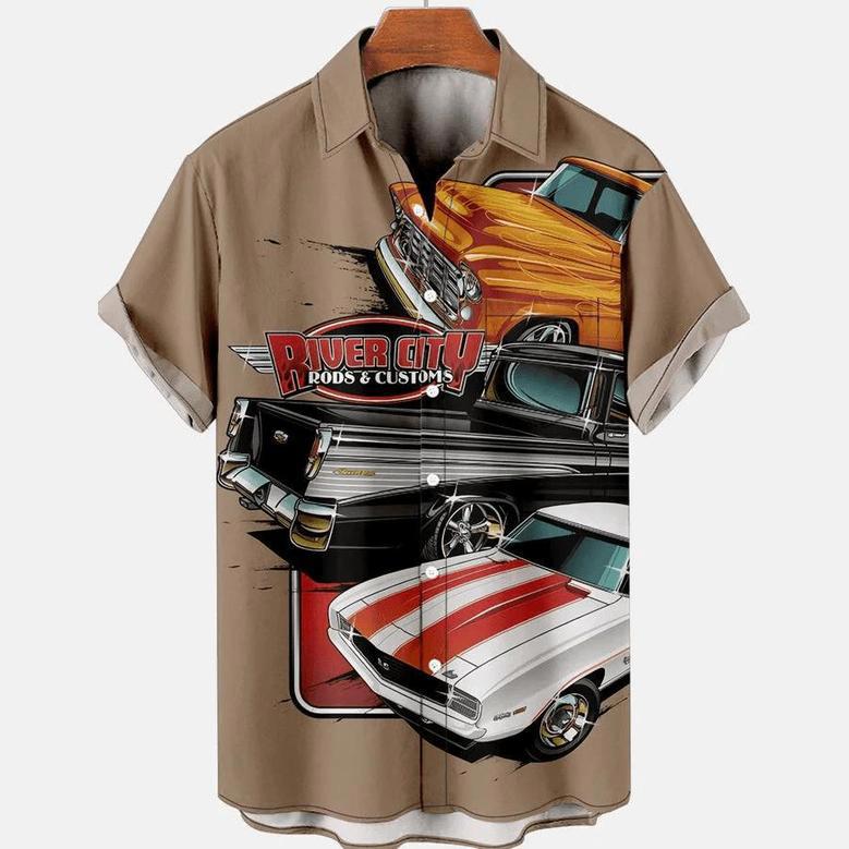 Hawaiian Shirt Vintage, Hawaii Shirts Mens, Men's Retro Contrast Color Stitching Garage Car Casual Shirt Summer Gifts