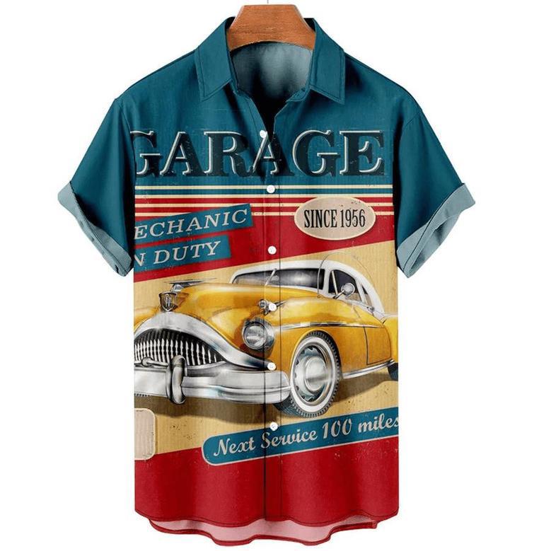 Hawaiian Shirt Vintage, Hawaii Shirts Mens, Men's Retro Contrast Color Stitching Garage Car Casual Shirt Summer Gifts