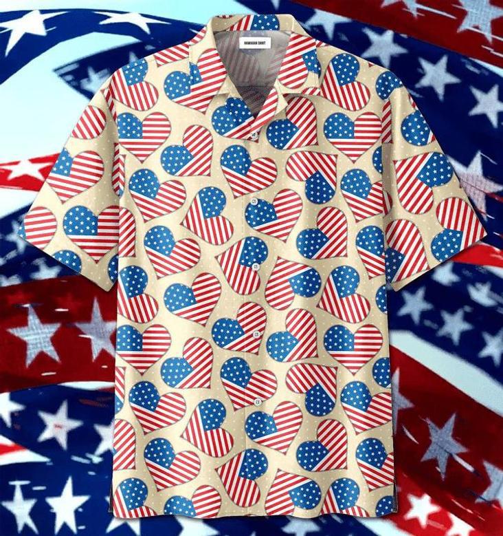 Heart Pattern Independence Day Patriotic Unisex Hawaiian Shirt Aloha Shirt