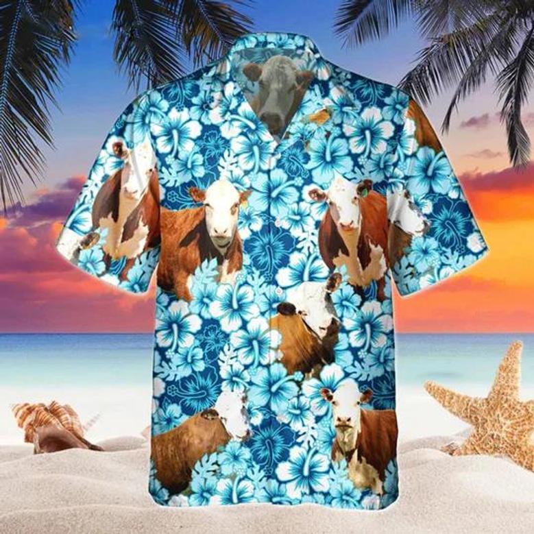 Hereford Floral Hawaiian Shirt, Beach Shirt For Farm Animal Lovers Summer Gifts