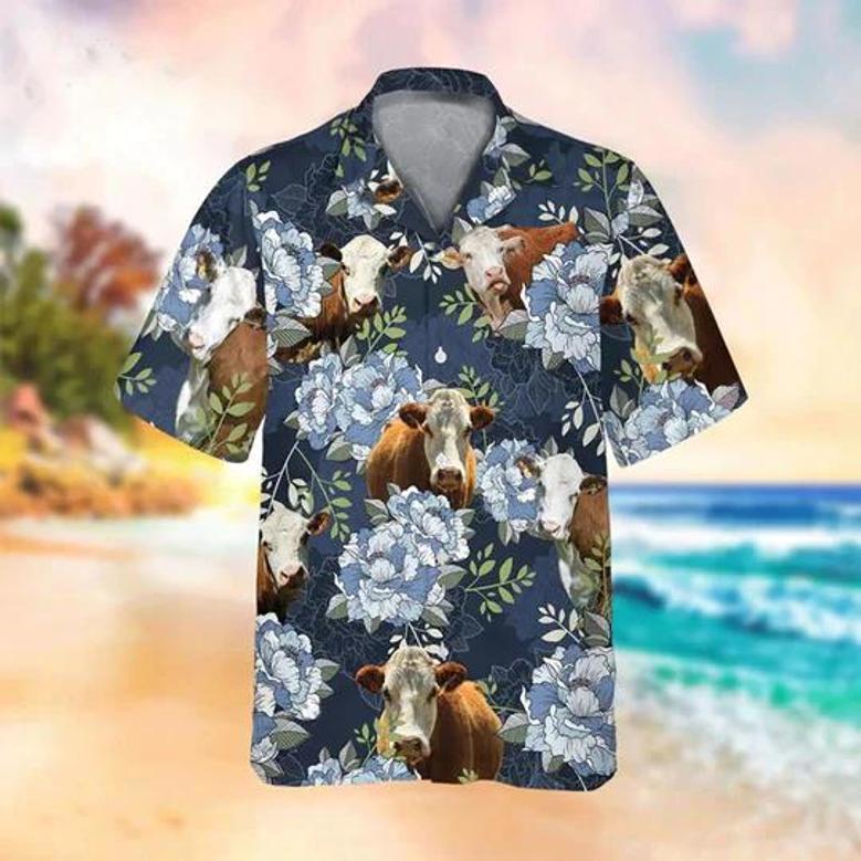 Hereford Floral Hawaiian Shirt, Beach Shirt For Farm Animal Lovers Summer Gifts