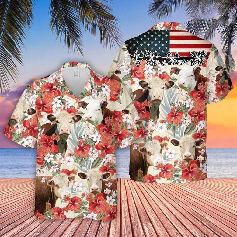 Hereford Hibicus Floral Us Flag , Summer Gift For Men And Women Unisex Hawaiian Shirt Aloha Shirt