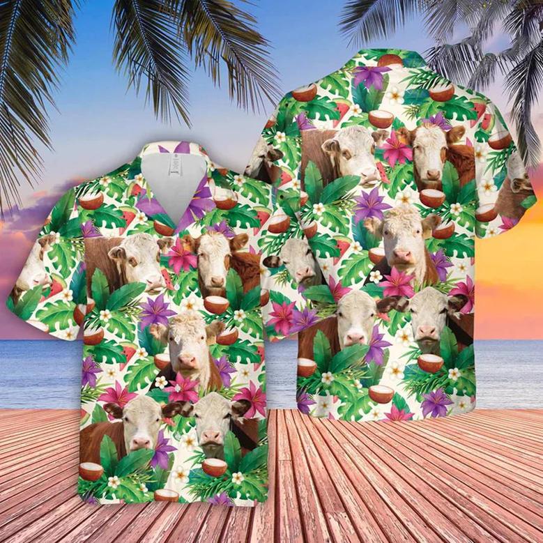 Hereford Summer Floral , Farm Lover Hawaii Shirt, Hawaiian Casual Button Down Shirt Unisex Hawaiian Shirt Aloha Shirt