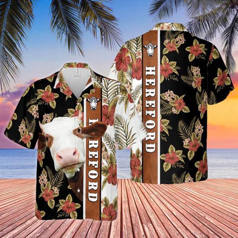 Hibiscus Flowers Hereford Cattle Brown , Summer Gifts For Men And Women Unisex Hawaiian Shirt Aloha Shirt