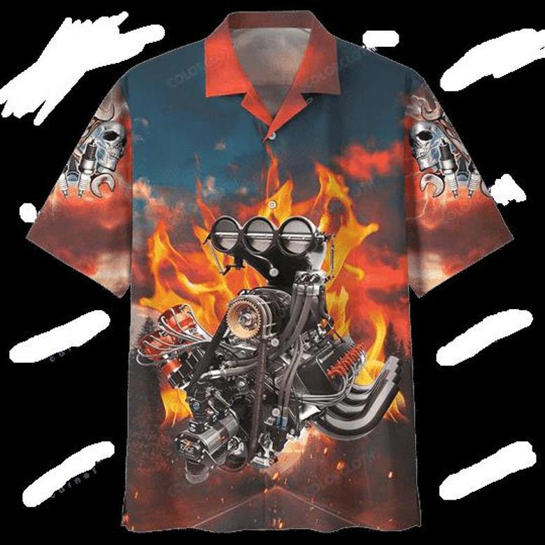 Hot Rod Hot Rod Engine Fire Red Blue Brown Hawaii Aloha Shirt Unisex Hawaiian Shirt Aloha Shirt