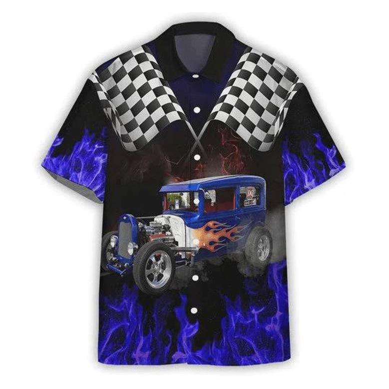 Hot Rod On Purple Blue Flame All Printed Unisex Hawaiian Shirt Aloha Shirt