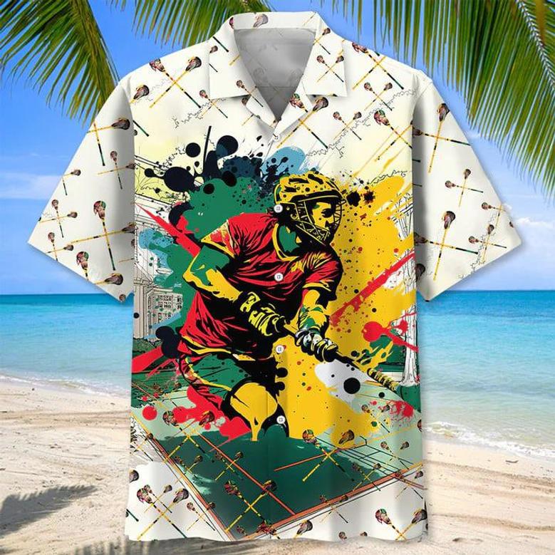 Lacrosse Sticks , Unisex Summer Beach Casual Short Sleeve Summer Vacation Beach Shirts Unisex Hawaiian Shirt Aloha Shirt