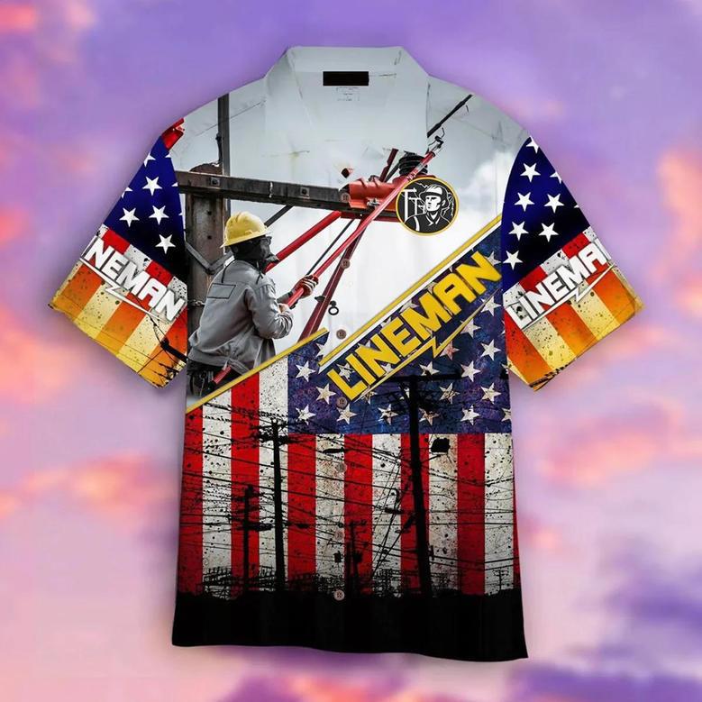 Lineman American Flag Patriotic Hawaiian Shirt, For Men & Women Summer Gifts