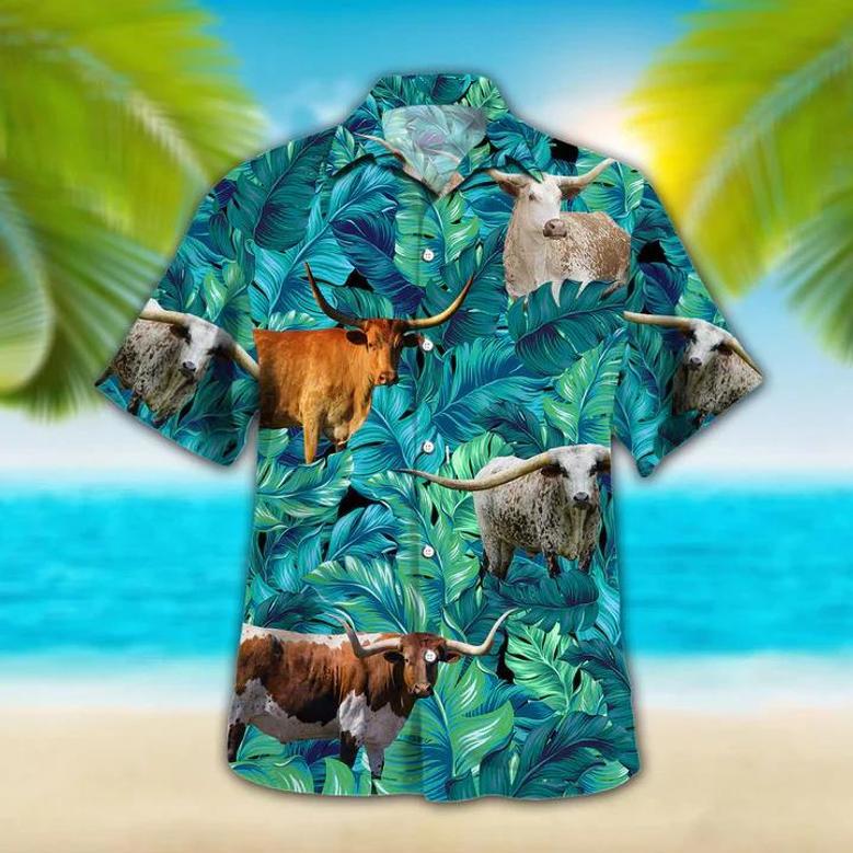 Longhorn Tropical Hawaiian Palm Leaves All Over Printed , Summer Gift For Men And Women Unisex Hawaiian Shirt Aloha Shirt