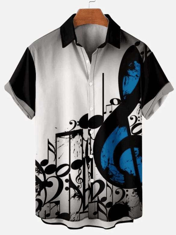 Men�S Music Note Color Block Casual Tribal Short Sleeve Unisex Hawaiian Shirt Aloha Shirt