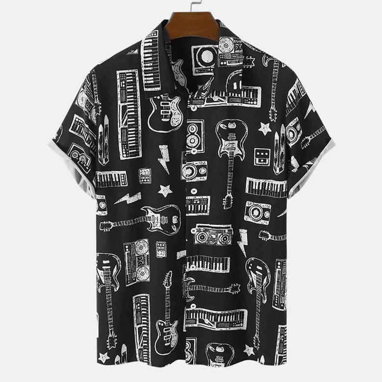 Mens Musical Hawaiian Shirt, Instrument Print Button Front Short Sleeve Black Shirts Summer Gifts