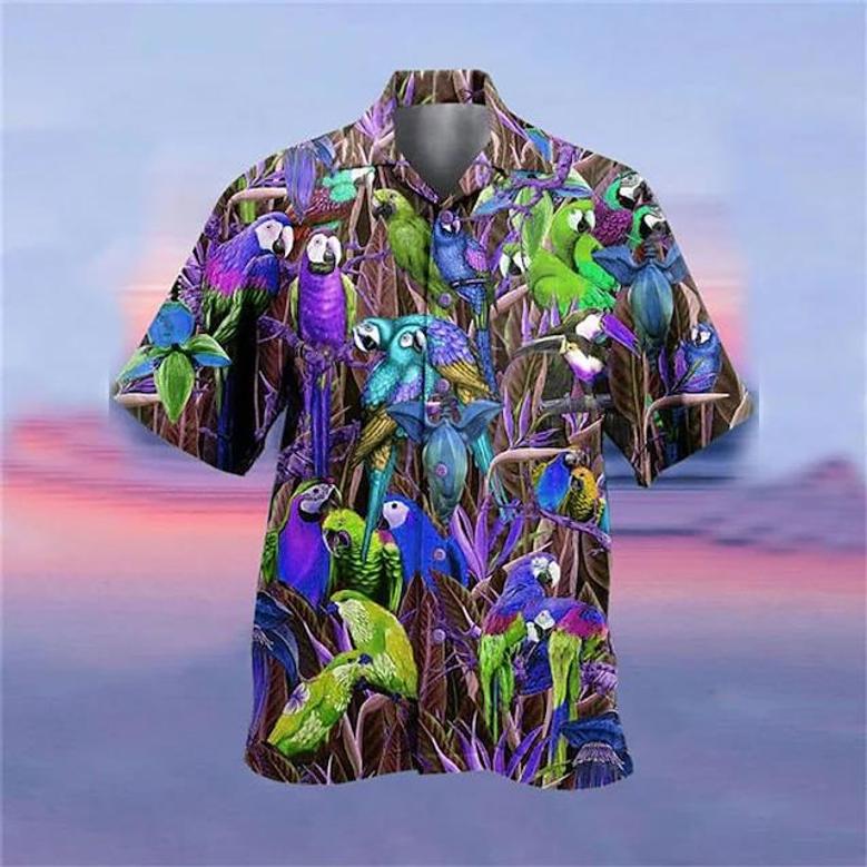 Men's Shirt Summer , Camp Collar Shirt Graphic Shirt Aloha Shirt, Parrot Turndown Yellow Light Green Pink Red Blue Print Unisex Hawaiian Shirt Aloha Shirt