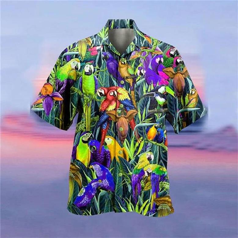 Men's Shirt Summer , Camp Collar Shirt Graphic Shirt Aloha Shirt, Parrot Turndown Yellow Light Green Pink Red Blue Print Unisex Hawaiian Shirt Aloha Shirt