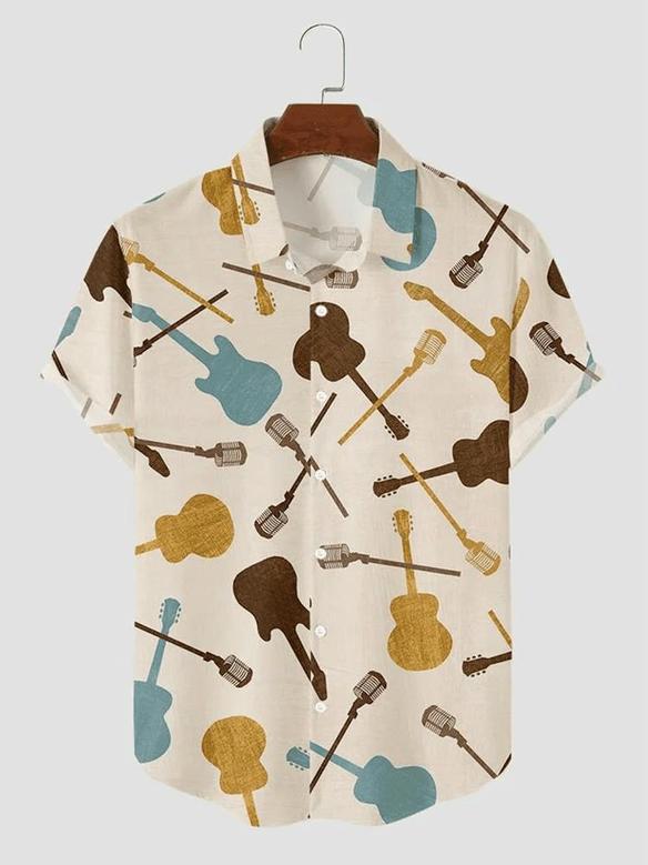 Men's Simple Music Guitar Print Casual Shirt, For Men Unisex Hawaiian Shirt Aloha Shirt