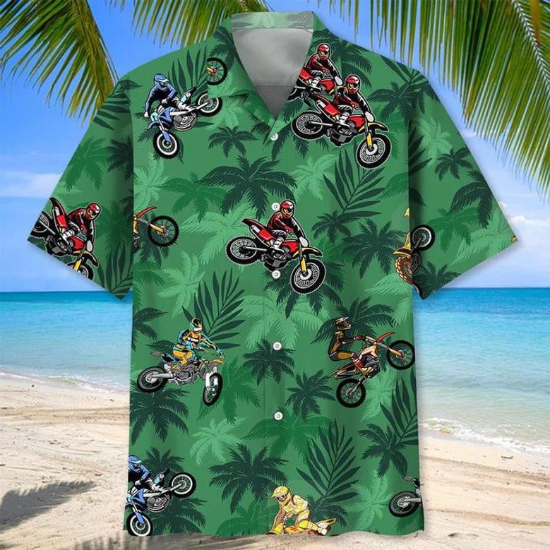 Motocross Green Tropical , Short Sleeve Summer Vacation Beach Shirts For Men Unisex Hawaiian Shirt Aloha Shirt