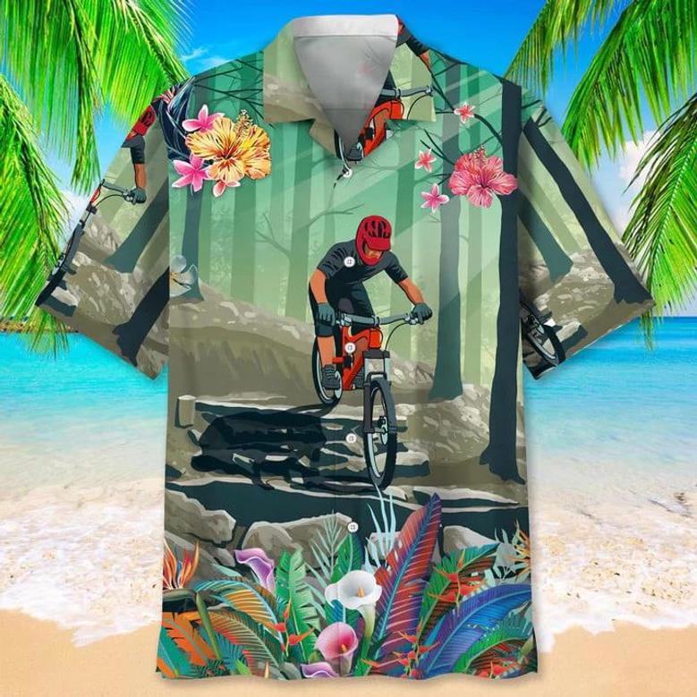 Mountain Bike Nature Flower , Men's Tropical Aloha Shirts Short Sleeve Beach Holiday Casual Shirts Unisex Hawaiian Shirt Aloha Shirt