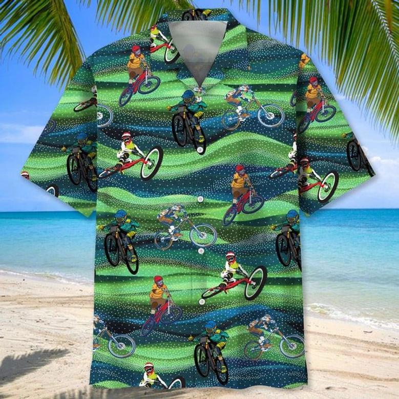 Mountain Bike Seamless Pattern , Men's Unisex Summer Beach Casual Short Sleeve Summer Vacation Beach Shirts Unisex Hawaiian Shirt Aloha Shirt