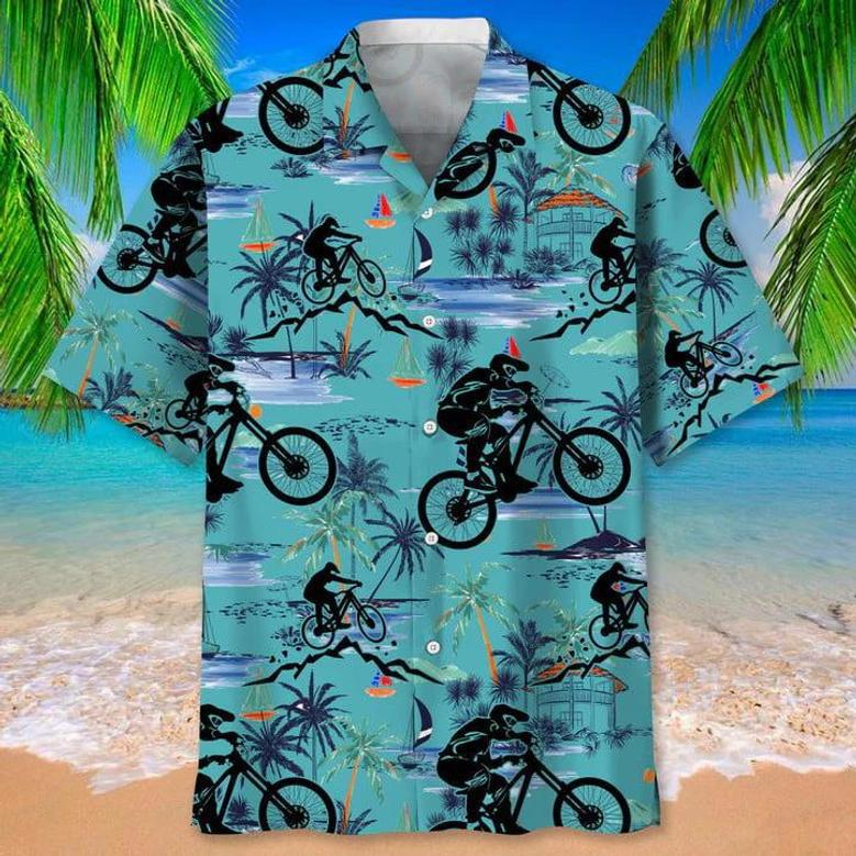 Mountain Bike Tropical Tree , Men's Unisex Summer Beach Casual Short Sleeve Summer Vacation Beach Shirts Unisex Hawaiian Shirt Aloha Shirt