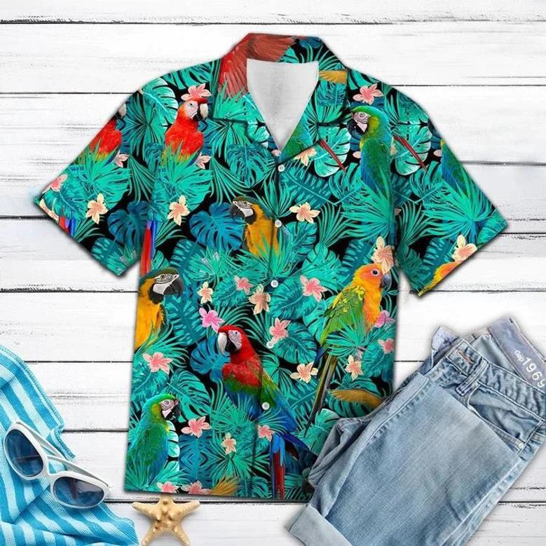 Parrot Hawaii Shirt For Men, Vivid Parrot Tropical Palm Leaves Summer Vacation Gift Ideal Hawaiian Shirt Summer Gifts