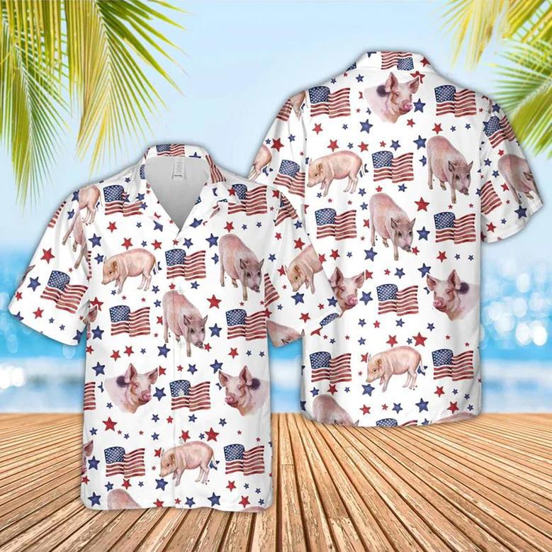 Pig American Flag Pattern , Funny Pig Hawaiian Shirt, Of July Hawaiian Shirt Unisex Hawaiian Shirt Aloha Shirt