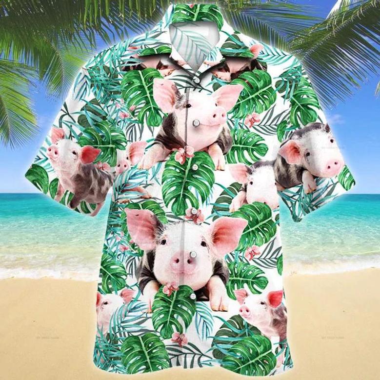 Pig Tropical Plant Hawaiian Shirt, Summer Men Hawaiian Shirts - Casual Button Down Short Sleeve Shirt Summer Gifts