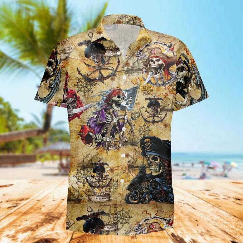 Pirates Skull Hawaii Shirt, Vintage Hawaii Beach Shirt, Skeleton Dead Man's Skull Glow, The Dark Shirt, Amazing Pirate Skull, Aloha Shirt Unisex Hawaiian Shirt Aloha Shirt