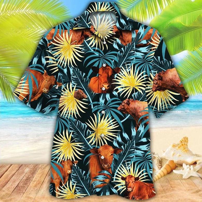 Red Angus Cattle Lovers Blue And Yellow Plants Hawaiian Shirt Summer Gifts