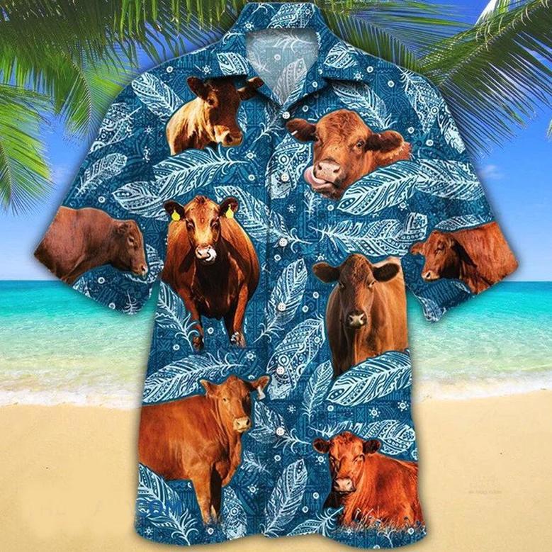 Red Angus Cattle Lovers Blue Feather Hawaii Hawaiian Shirt, Gift For Cow Lovers Summer Gifts