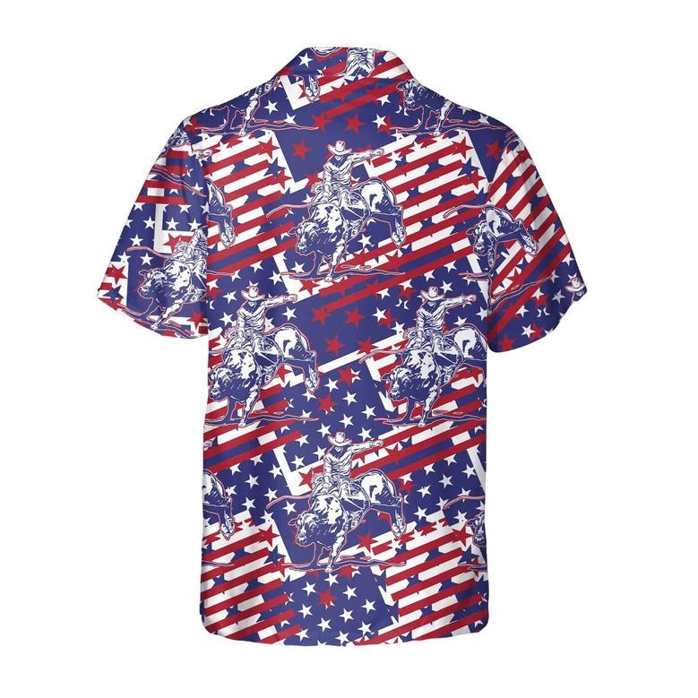 Rodeo Bull Rider Patriotic American Flag , Cowboys Button Down Summer Beach Dress Shirts Unisex Hawaiian Shirt Aloha Shirt