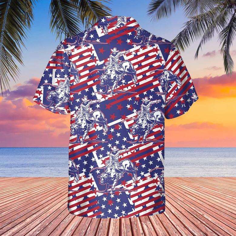 Rodeo Bull Rider Patriotic American Flag , Cowboys Button Down Summer Beach Dress Shirts Unisex Hawaiian Shirt Aloha Shirt