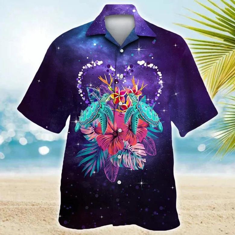 Sea Turtle T Shirt - Colorful Turtles With Blue Flowers Hawaii Shirt - Gifts For Turtle Lovers Unisex Hawaiian Shirt Aloha Shirt