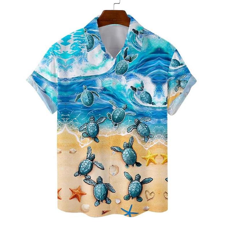 Sea Turtle T Shirt - Colorful Turtles With Blue Flowers Hawaii Shirt - Gifts For Turtle Lovers Unisex Hawaiian Shirt Aloha Shirt