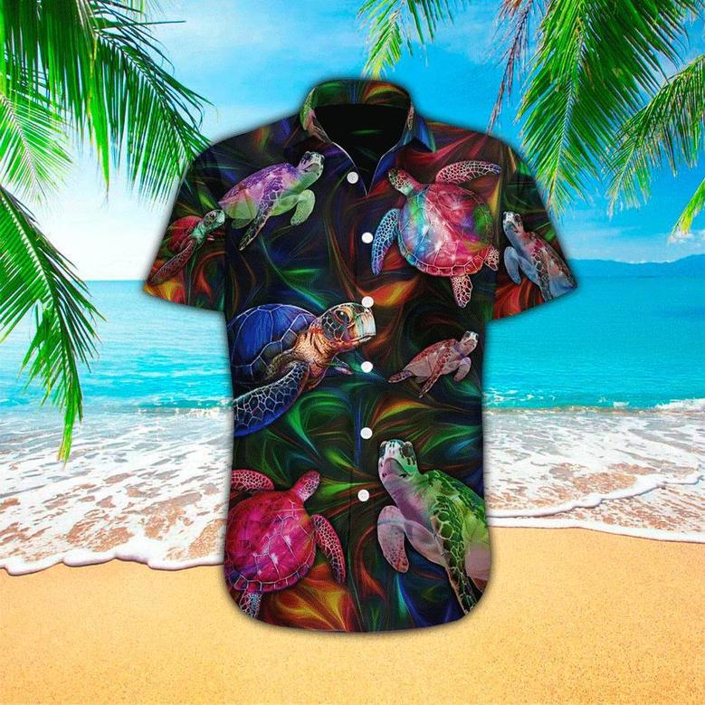 Sea Turtle With Tropical Leaf Flower Print Polyester Hawaiian Shirt Summer Gifts