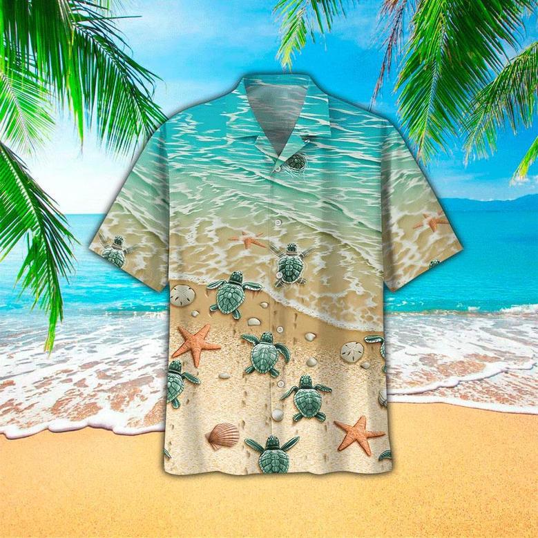 Sea Turtle With Tropical Leaf Flower Print Polyester Hawaiian Shirt Summer Gifts