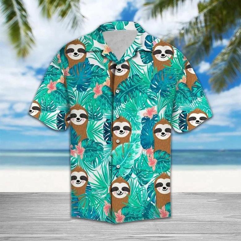 Smiling Sloth With Tropical Palm Leaves Summer Hawaiian Shirt, Short Sleeve Hawaiian Aloha Shirt Summer Gifts