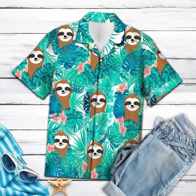 Smiling Sloth With Tropical Palm Leaves Summer Hawaiian Shirt, Short Sleeve Hawaiian Aloha Shirt Summer Gifts