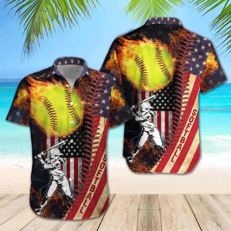 Softball Usa Flag Hawaii Shirt, Regular Fit Short Sleeve Casual Hawaiian Print Shirt Malalan Unisex Hawaiian Shirt Aloha Shirt