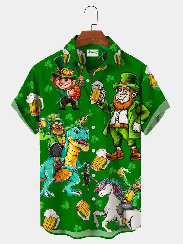 St. Patrick's Day Green Shamrock Dinosaur Fun Print Plus Size Vacation Shirt Unisex Hawaiian Shirt Aloha Shirt